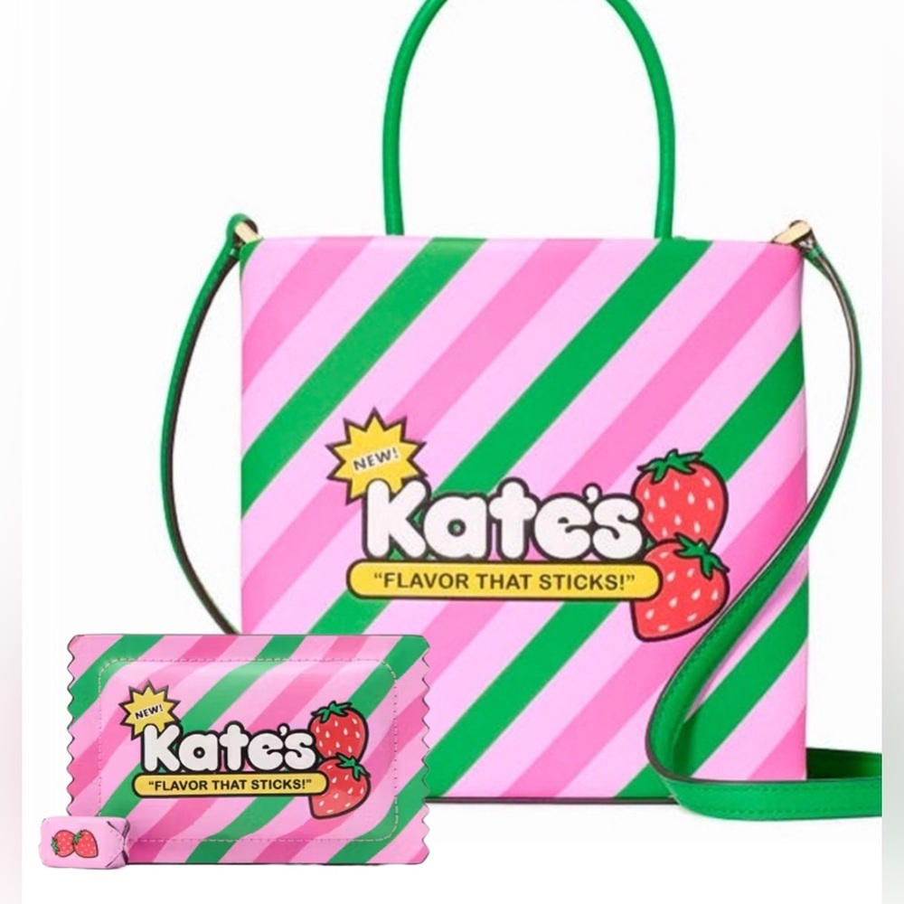 NWT Kate Spade Candy Mini Tote & WALLET pink/green striped w strawberry
